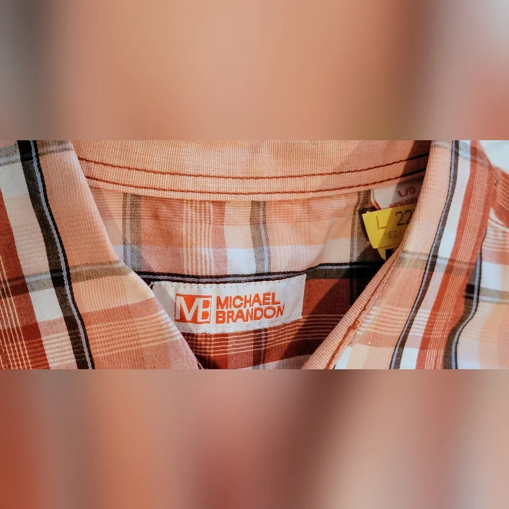Michael Brandon Orange & White Plaid Casual Long Sleeve Shirt Sz L - Picture 2 of 3